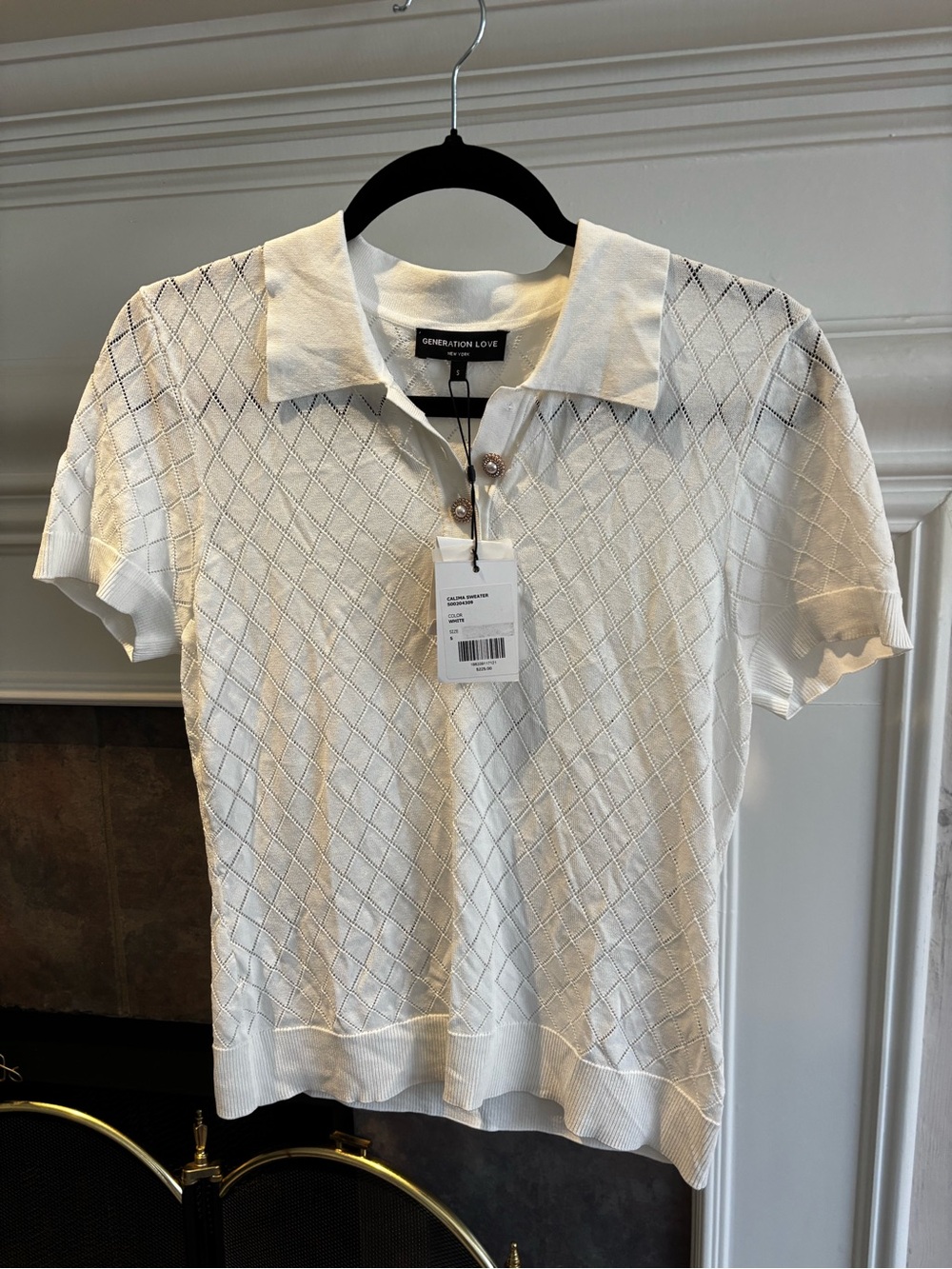 Generation Love White Short-Sleeve Knit Polo with Diamond Texture
